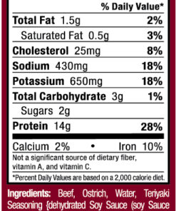 Ostrim- Beef & Ostrich Teriyaki Nutritional Label