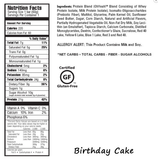 Oh Yeah!- One Bar Birthday Cake- Nutrition Facts