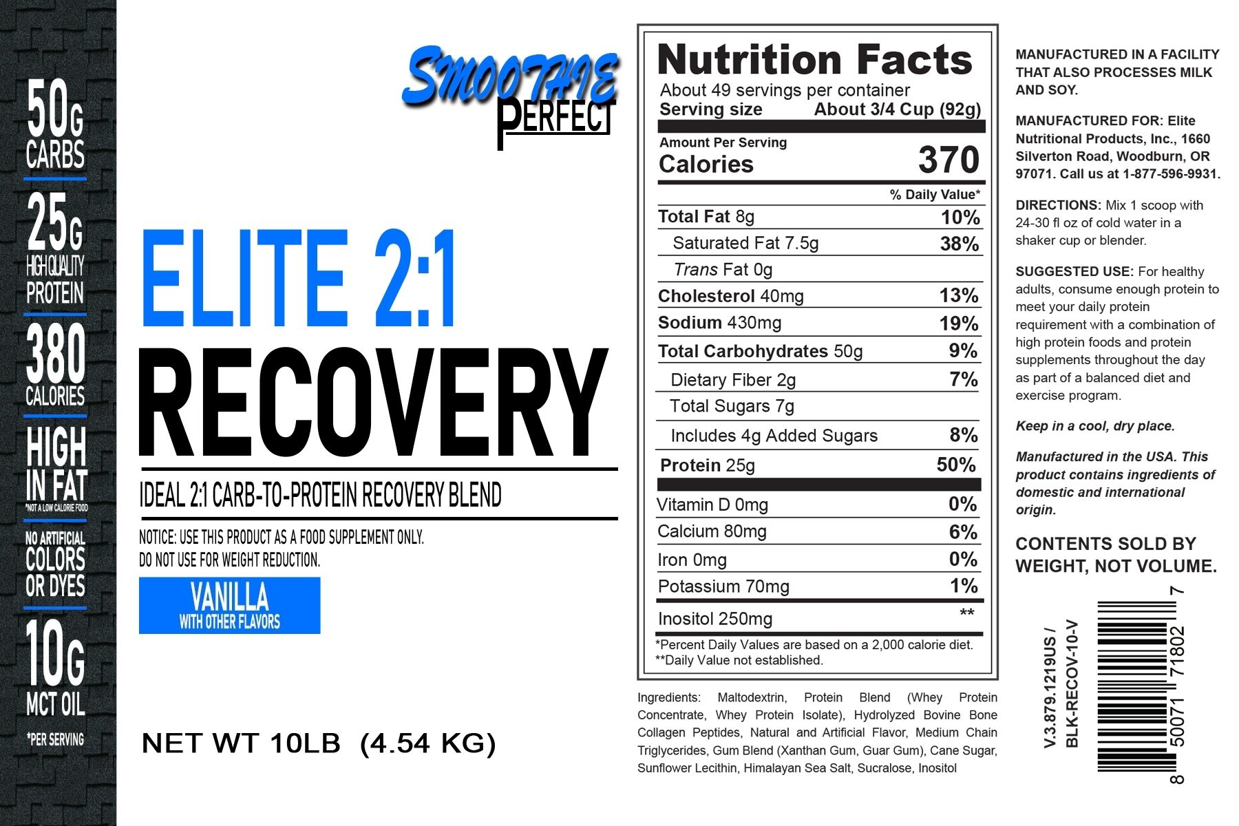 Smoothie Perfect- Elite Recovery 2:1 Vanilla- 10lbs/46srv