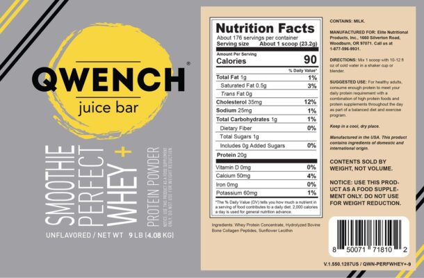 Qwench- Perfect Whey+ Blend Unflavored 9lb/176srv